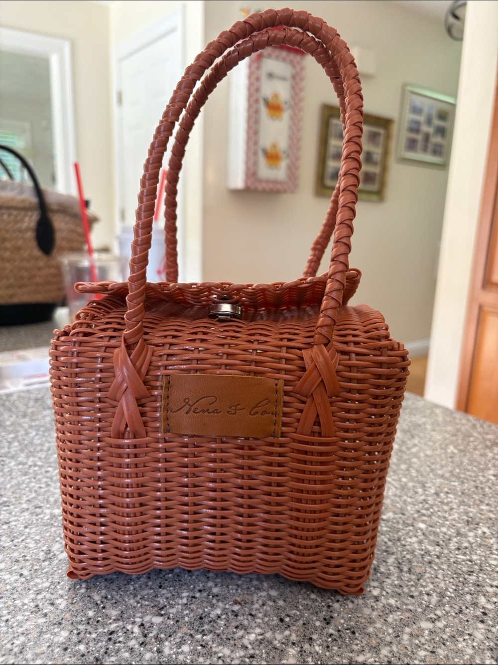 Nena & Co. Chestnut Woven Basket Tote with Braided Handles